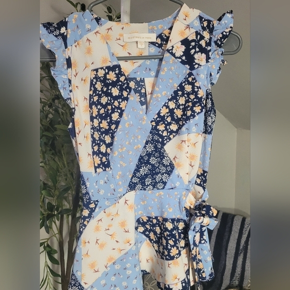 Monteau Tops - Monteau Los Angeles Dainty Floral Faux Wrap Blouse Top Small Patchwork